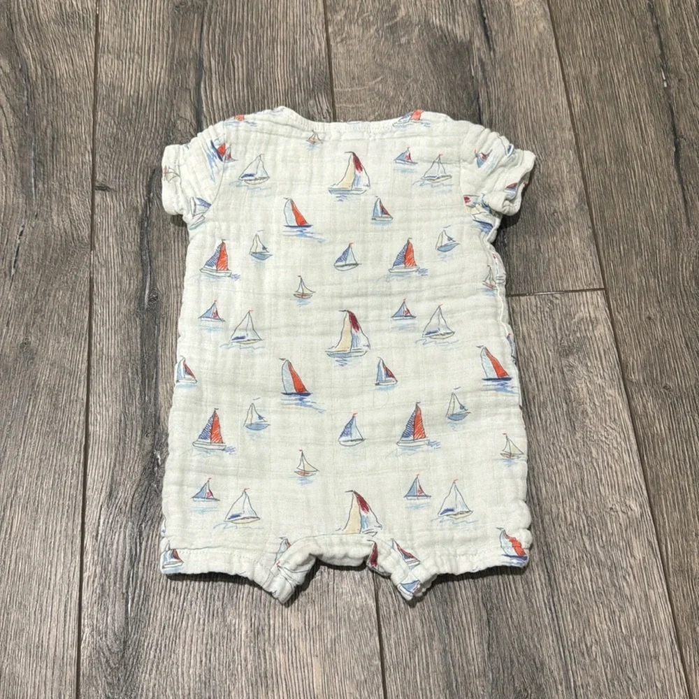 • Angel Dear • Baby Henley Shortall One Piece Sketchy Sailboat Print Blue & Red